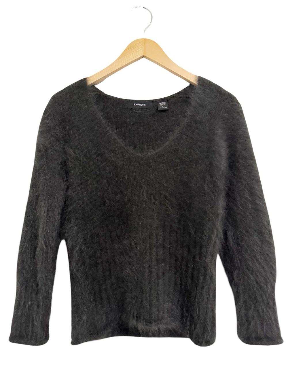 EXPRESS Y2K Angora Rabbit Hair 3/4 Sleeve Sweater Charcoal Large